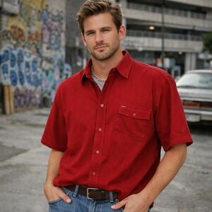 VTG NWT Tommy Hilfiger Red Short Sleeve Button Up Shirt XL Preppy Deadstock camp